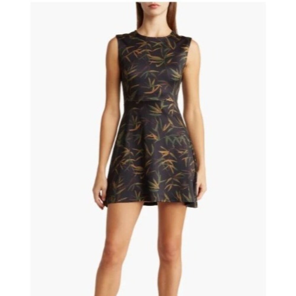 WeWoreWhat NEW Muscle Tank Mini Dress Size Medium Black Multicolor Leaves - Picture 1 of 11